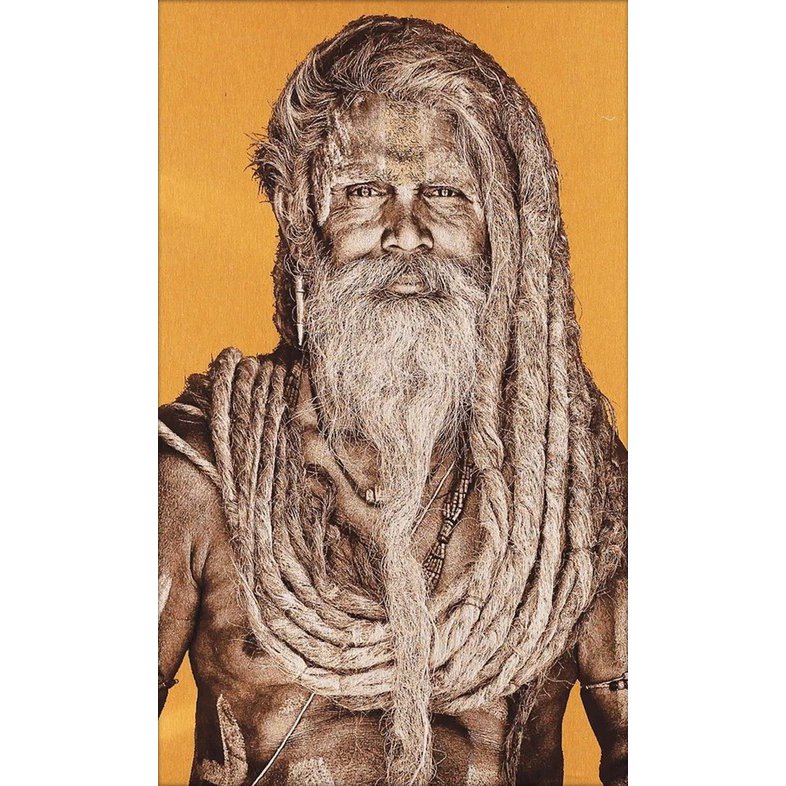 Gobelin geweven wandtapijt 120/180 Gangadas Baba Ochre WH1824 uitgerekt op een spieraam