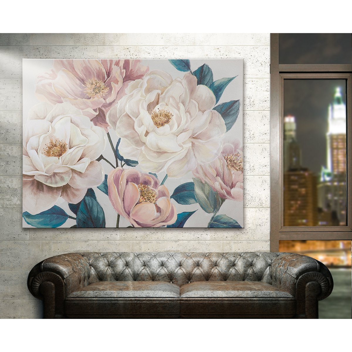 Hout/linnen schilderij "Pioenarrangement"