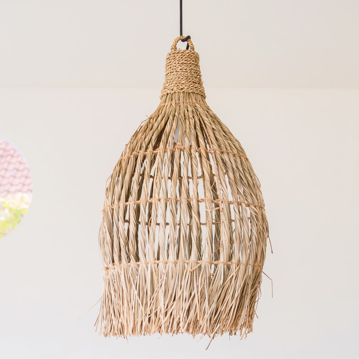 Plafondlamp van zeegras – Boho lampenkap hanglamp – natuurlijke hanglamp – grote trechtervormige zeegras lampenkap LAMPUNG (Ø 40 cm)