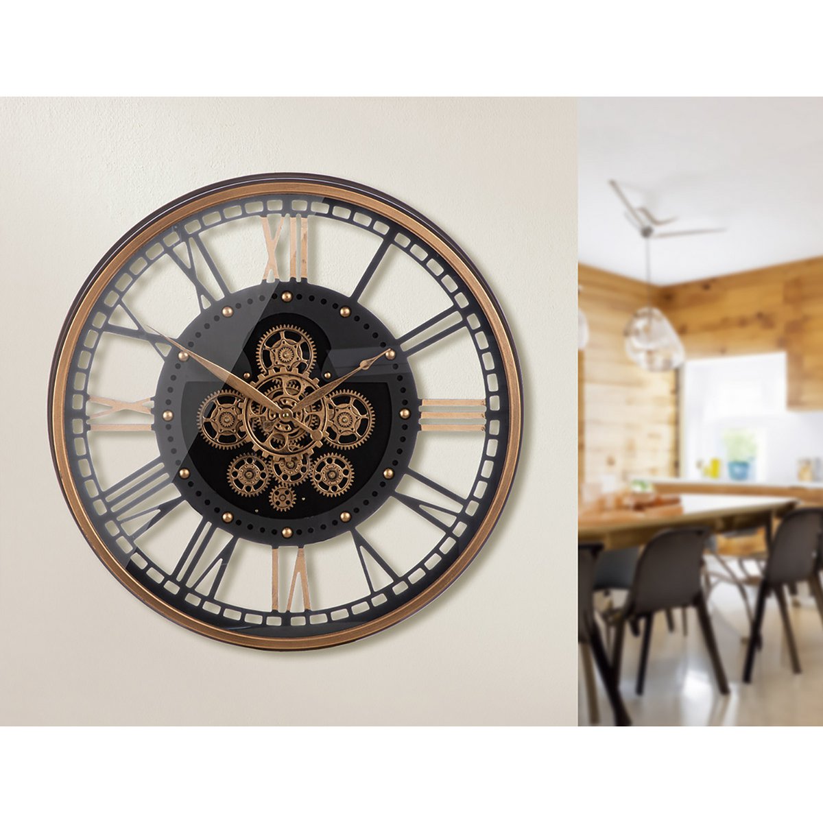 Ronde wandklok, koperkleurig, zwart H.60 cm