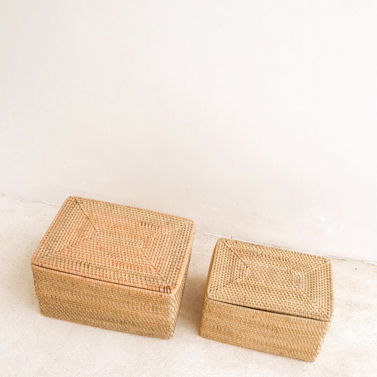 Opbergmand met deksel – Plankmand gemaakt van beige rotan – Handgeweven decoratieve mand GRAHA (2 maten)