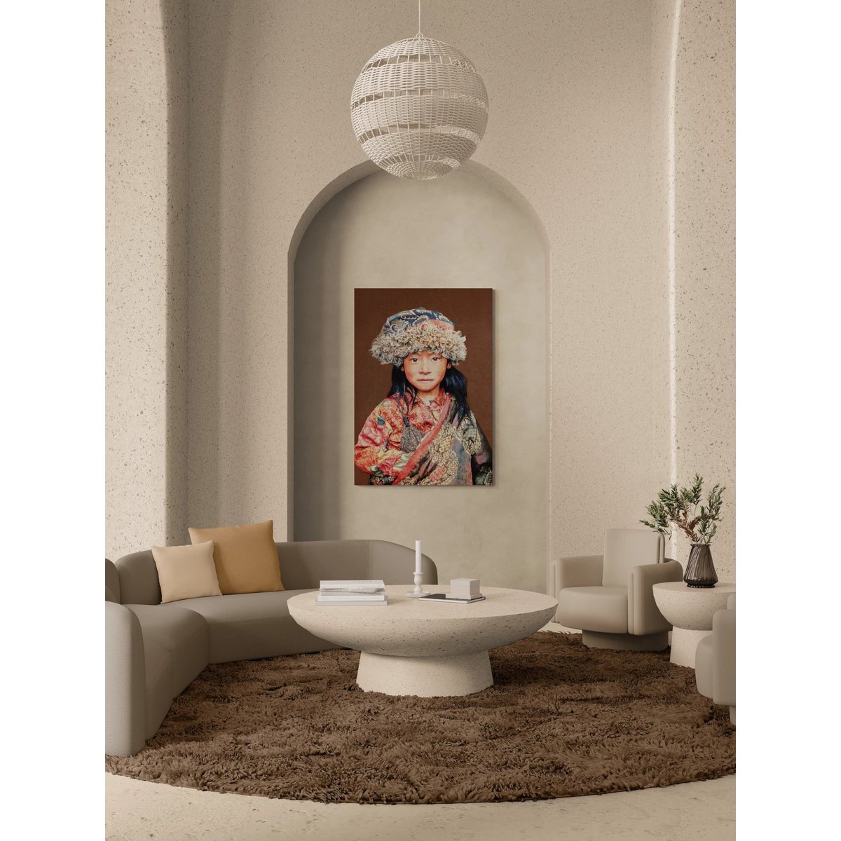 Gobelin geweven wandtapijt 120/180 Tibetaans Kind Taupe WH2026 Uitgerekt