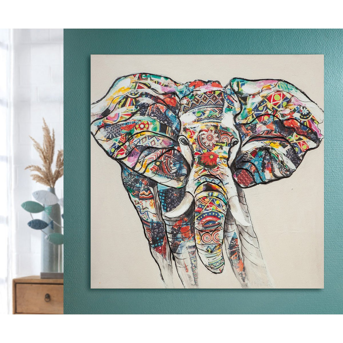 Hout/linnen schilderij "Kleurrijke Olifant"