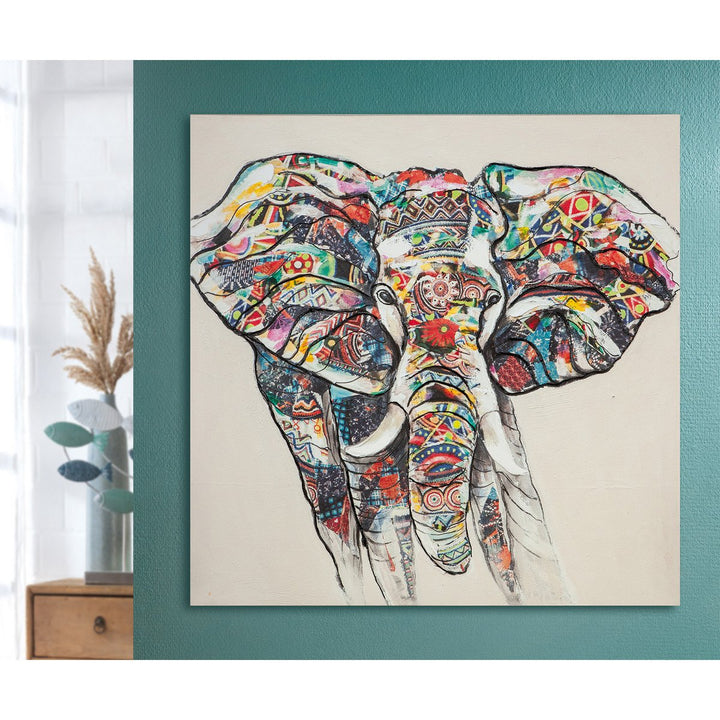 Hout/linnen schilderij "Kleurrijke Olifant"