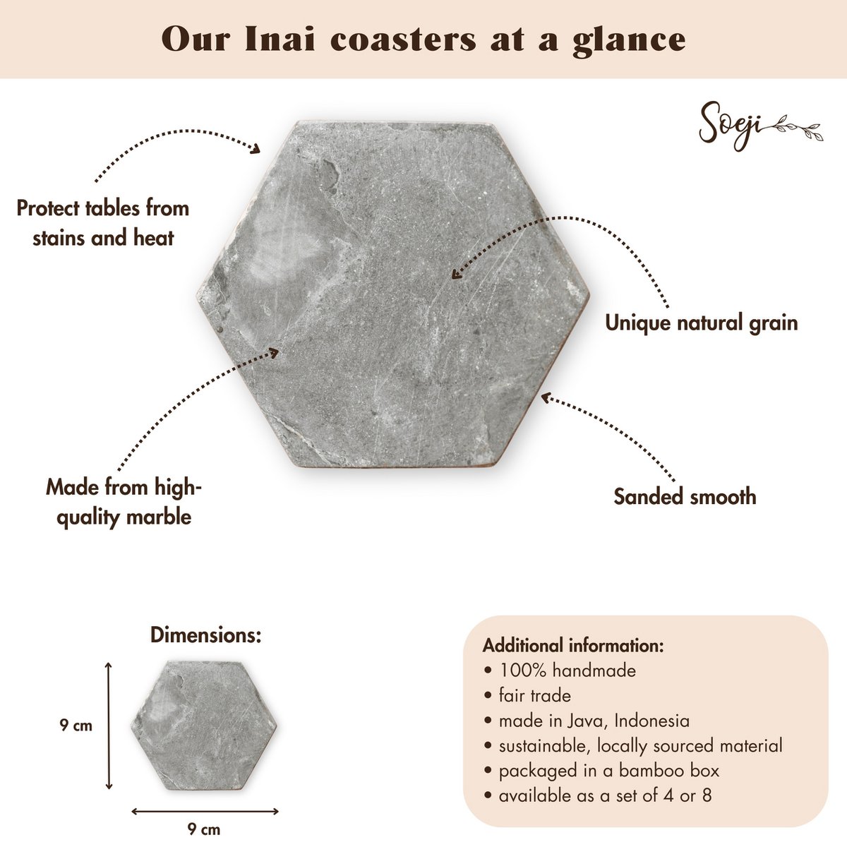 Marmeren onderzetters grijs – zeshoekige onderzetters voor mokken of glazen – handgemaakte onderzetters set van 4 of 8 INAI (grijs)