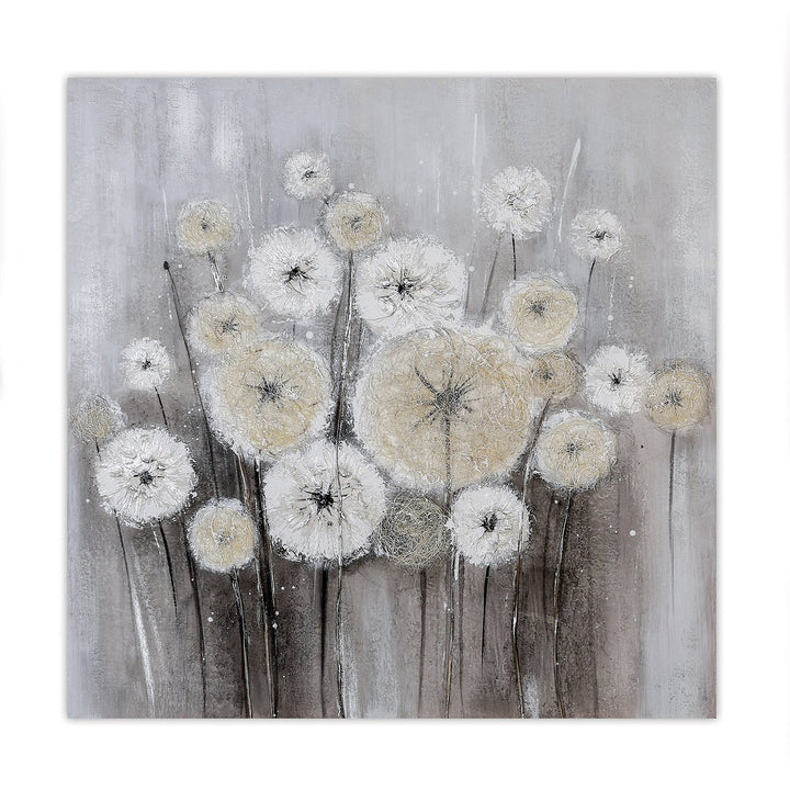 Hout/linnen schilderij "Paardebloem" wit/grijs/crème 100x100