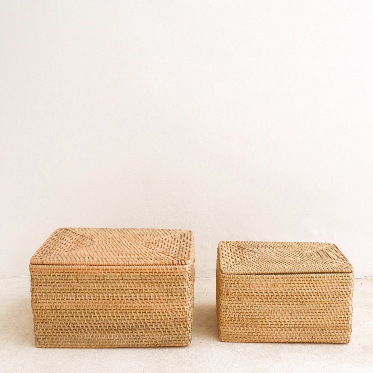 Opbergmand met deksel – Plankmand gemaakt van beige rotan – Handgeweven decoratieve mand GRAHA (2 maten)