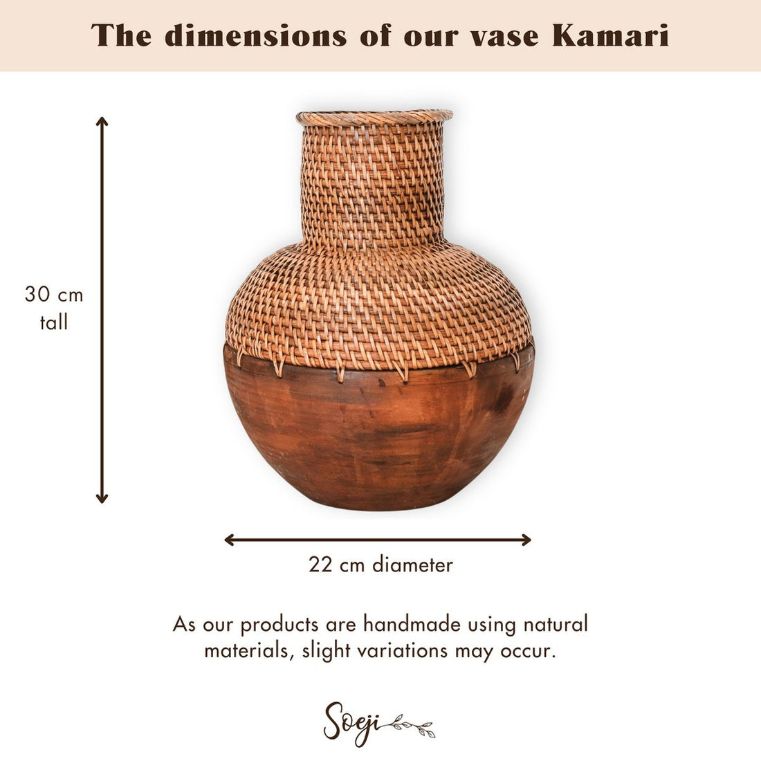 Rotan vaas – houten vaas – vaas voor gedroogde bloemen – kleine rotan vaas – Boho decor vaas gemaakt van geweven rotan en hout (Ø 22 cm) KAMARI bruin