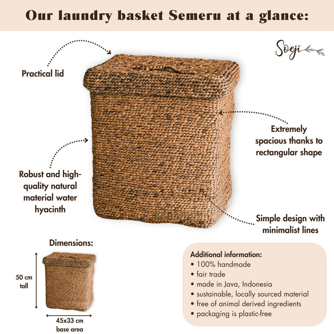 Grote wasmand met deksel - decoratieve geweven bruine mand - rechthoekige wasmand - boho mand handgemaakt van water hyacint semeru