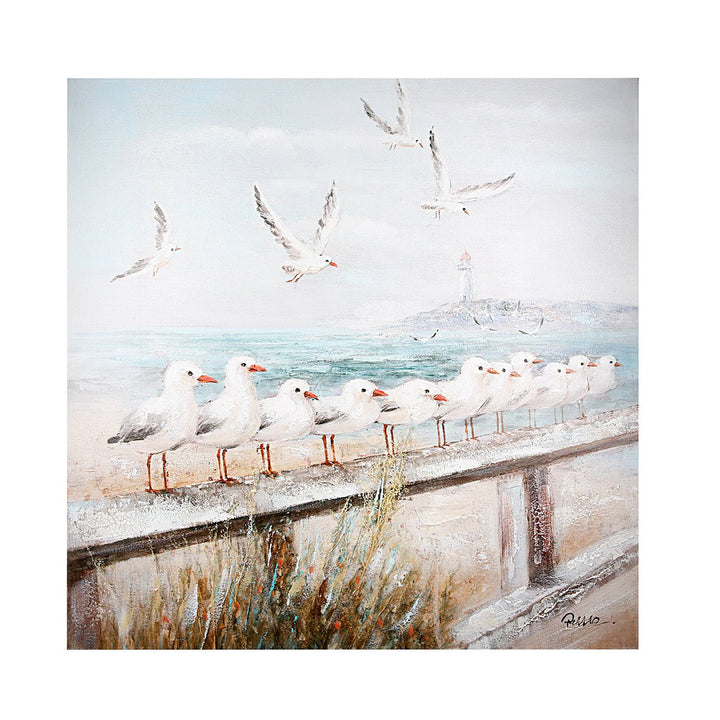 Hout/linnen schilderij "Seaside" blauw/wit/grijs, meeuwen 60x60cm