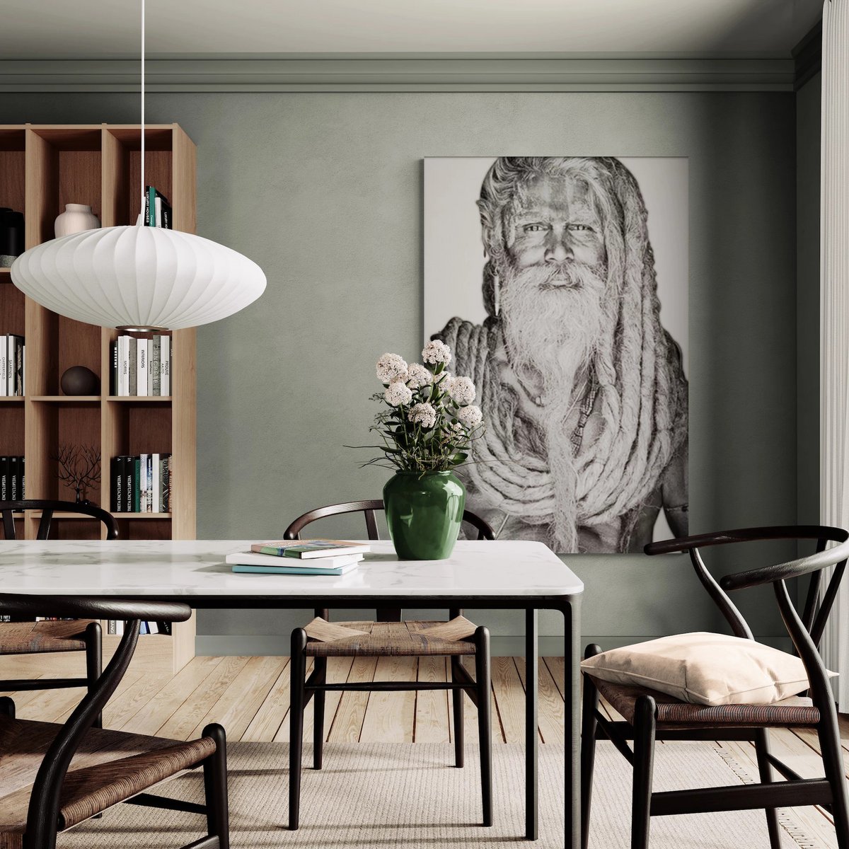 Gobelin geweven wandtapijt 120/180 Gangadas Baba Zwart/Wit WH2022 opgespannen op een spieraam