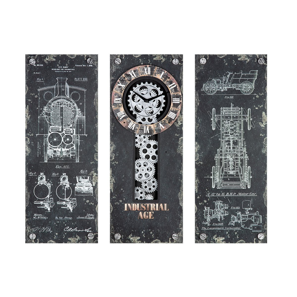 Metaal/glas wandklok "Steampunk" 3 st. set