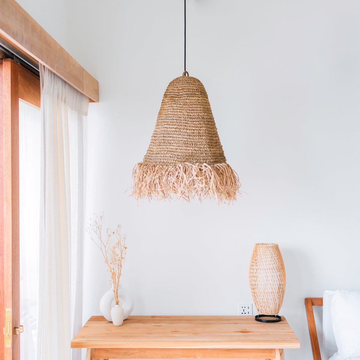 Raffia Boho Lampenkap – Hanglamp – Hanglamp – Handgeweven Plafondlamp met Lange Franjes (3 maten Ø 30/40/50 cm) KALIMA