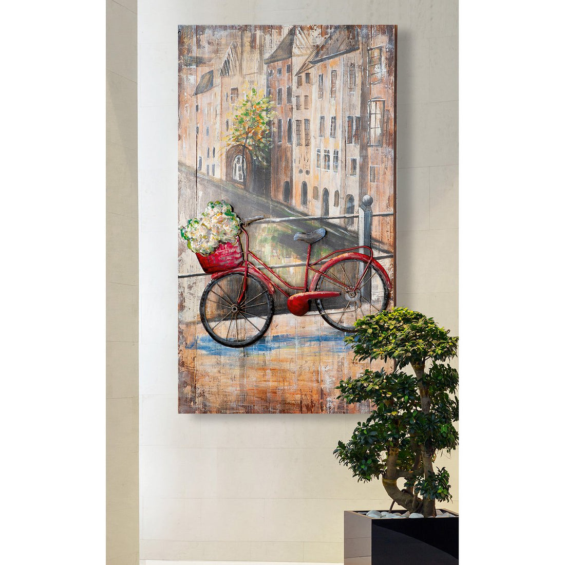 Metalen afbeelding "Bloemenfiets" op hout