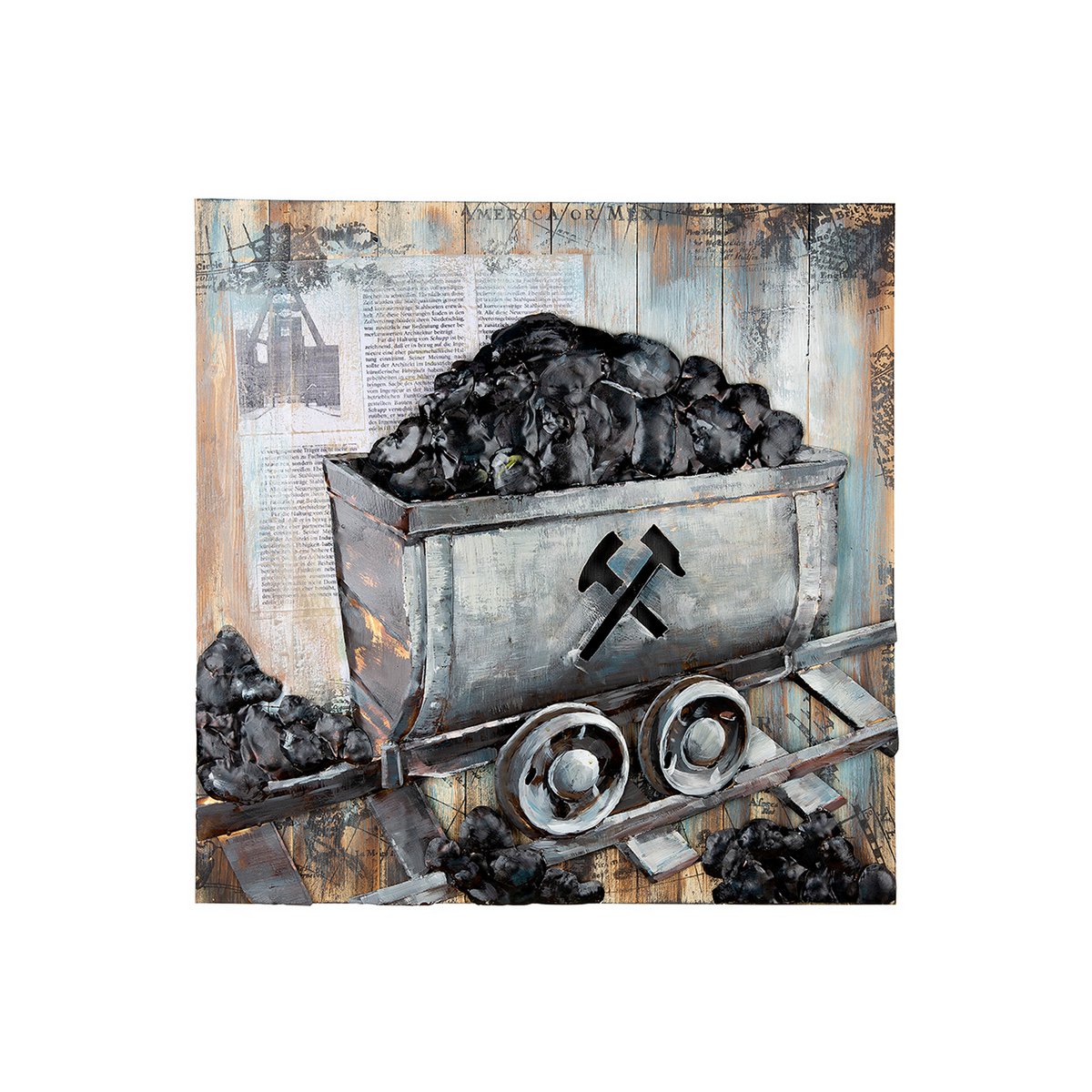 Metalen afbeelding "Mijnkar" op hout