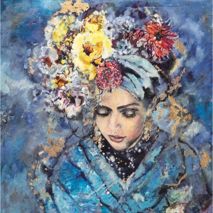 Geweven wandkleed 65/65 Floral Woman GOB003, opgespannen op een spieraam