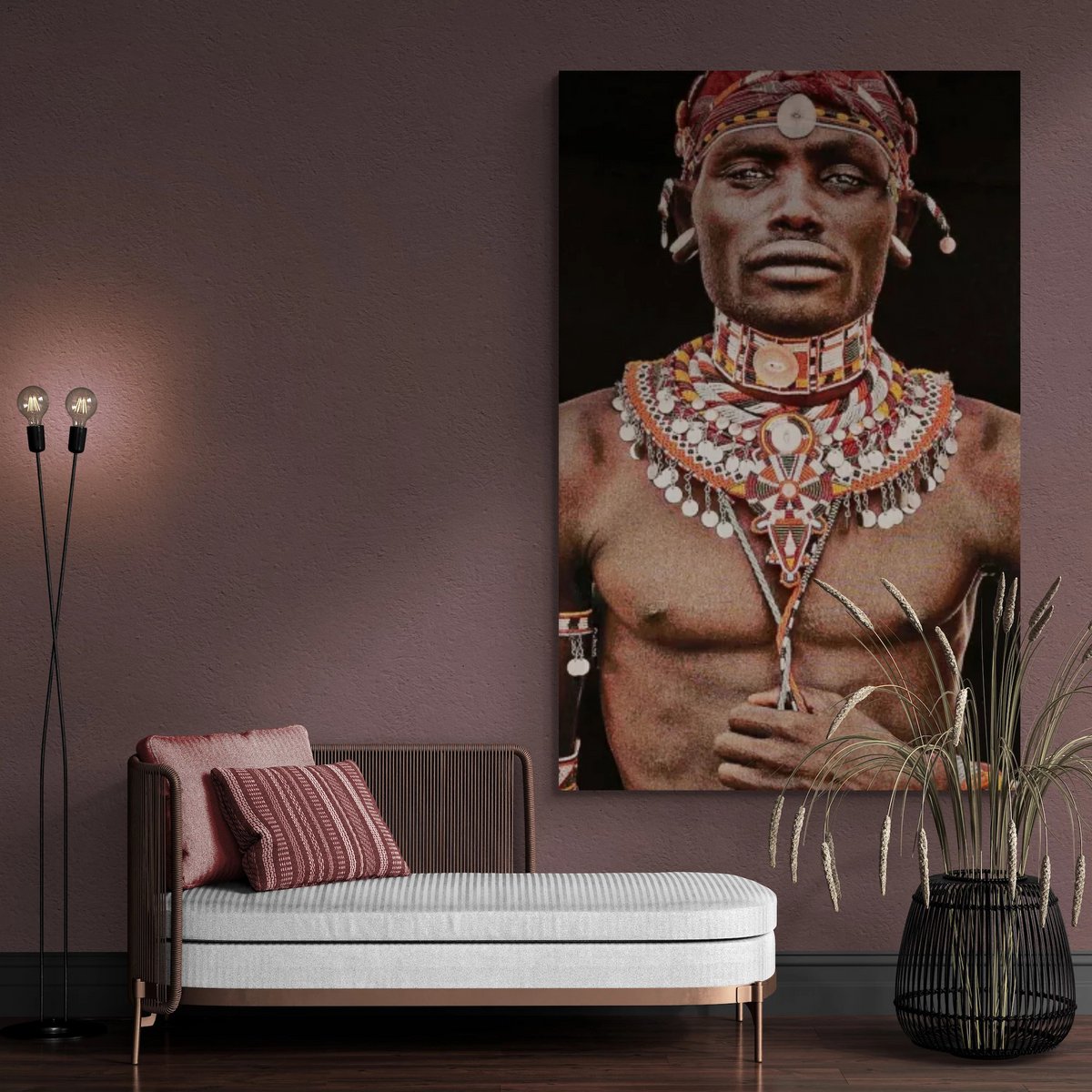 Gobelin geweven wandtapijt 120/180 Samburu Man Zwart WH1767 uitgerekt op een draagbalk