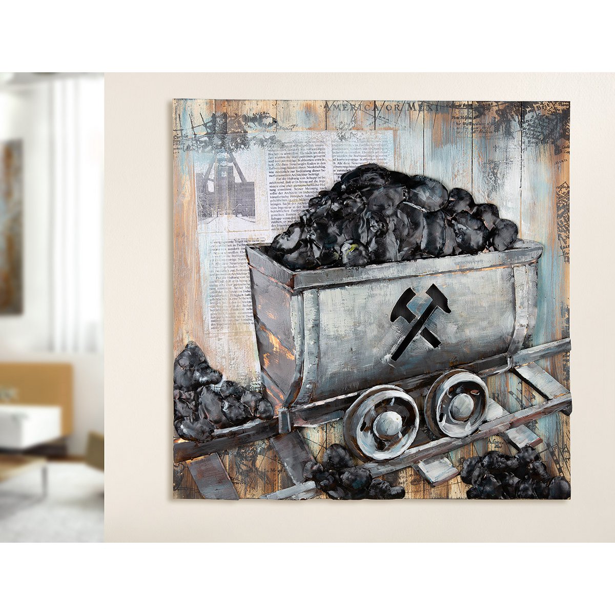 Metalen afbeelding "Mijnkar" op hout