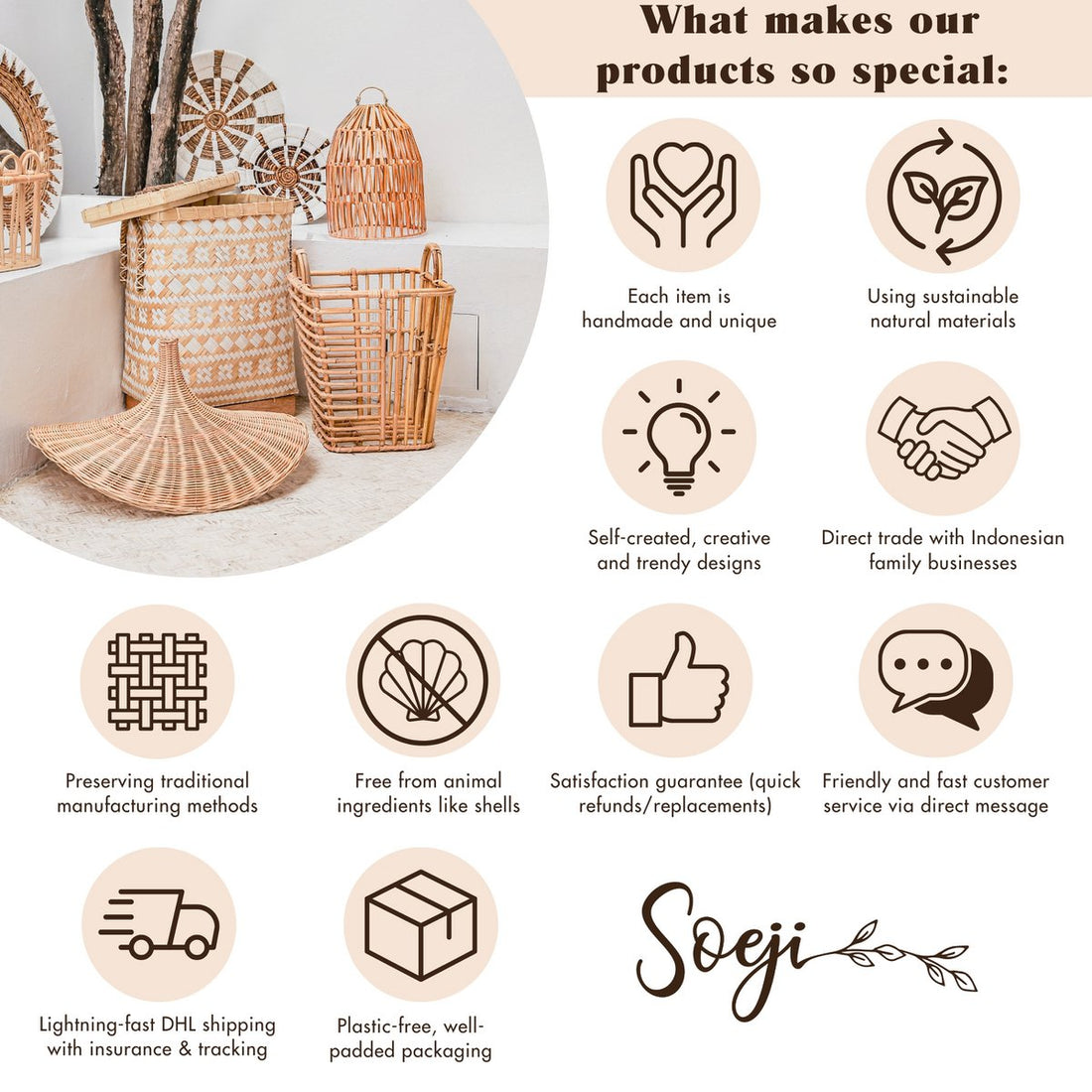 Grote wasmand met deksel - decoratieve geweven bruine mand - rechthoekige wasmand - boho mand handgemaakt van water hyacint semeru
