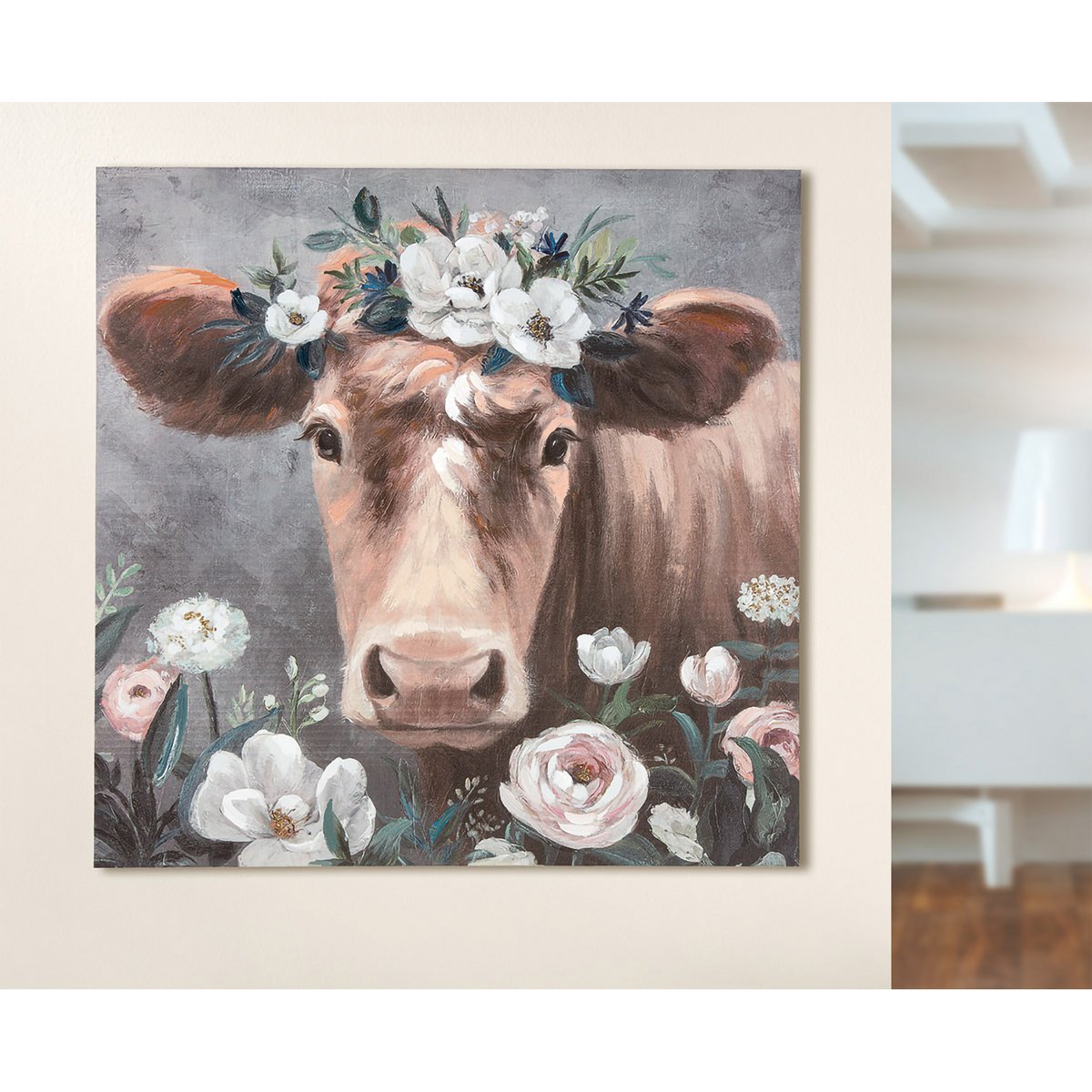 Hout/linnen schilderij "Bloemenkoe"
