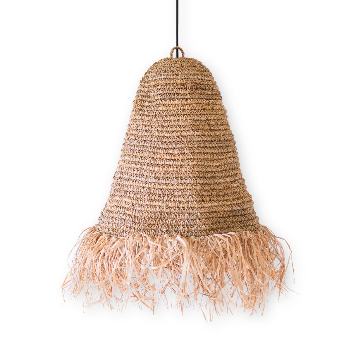 Raffia Boho Lampenkap – Hanglamp – Hanglamp – Handgeweven Plafondlamp met Lange Franjes (3 maten Ø 30/40/50 cm) KALIMA