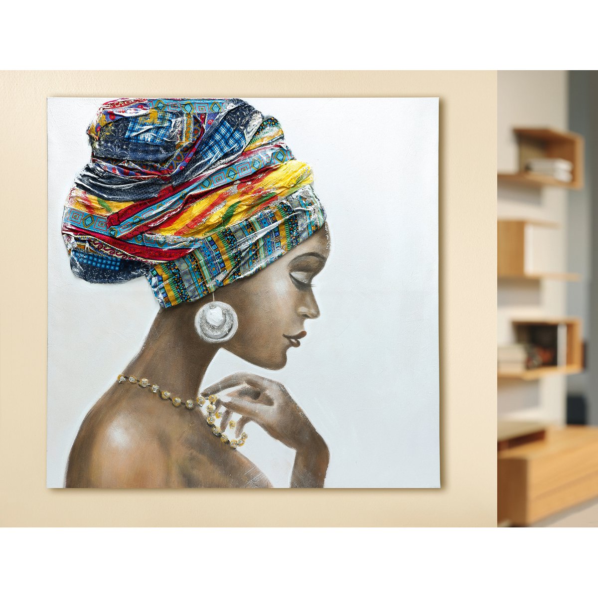 Hout/textiel schilderij "Afrikaanse schoonheid"