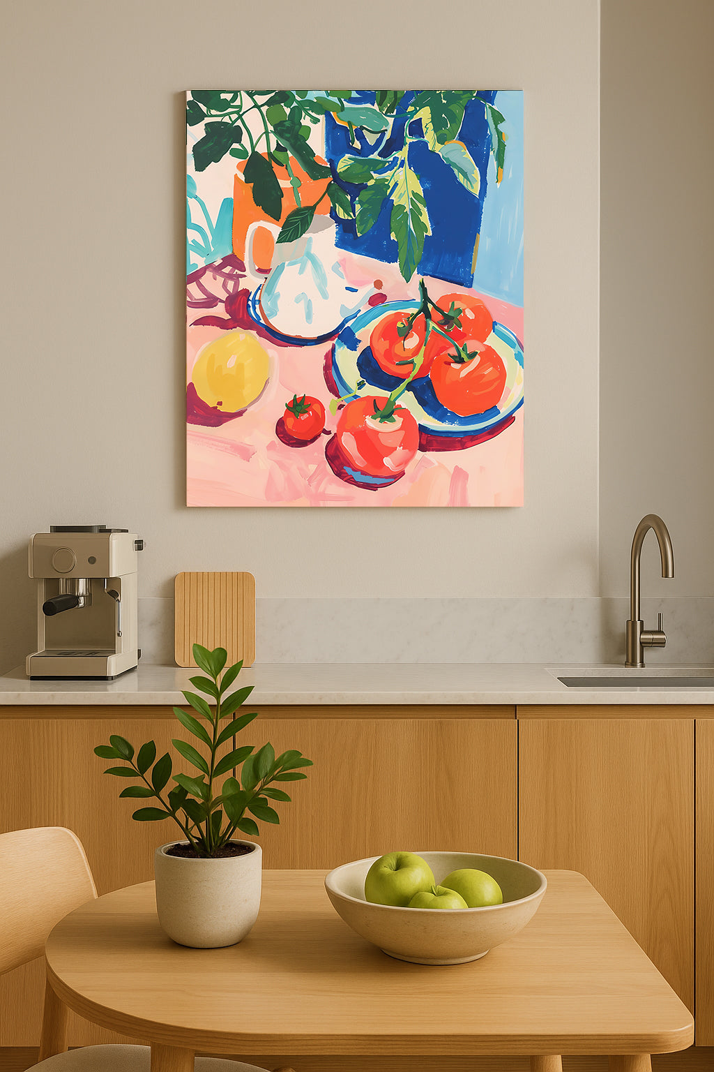 Tomatenstilleven – Zomerse Illustratie met Citroen en Kruik