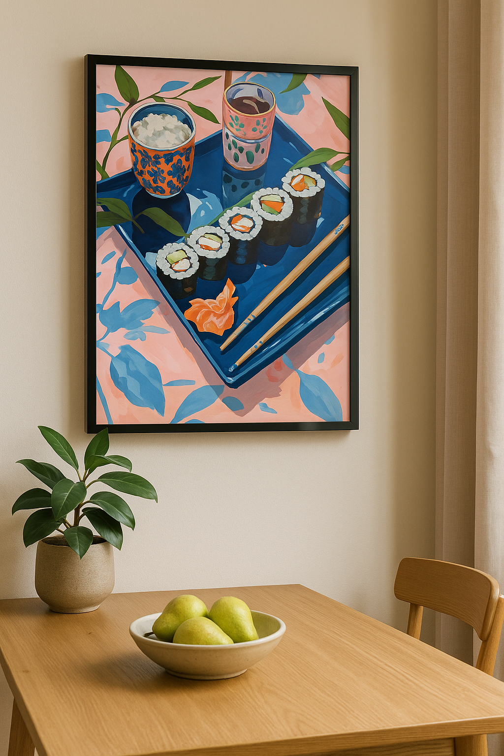 Sushi op Blauw – Japanse Eetscène in Kunststijl