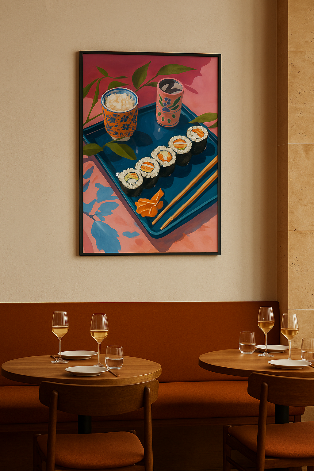 Sushi op Blauw – Japanse Eetscène in Kunststijl