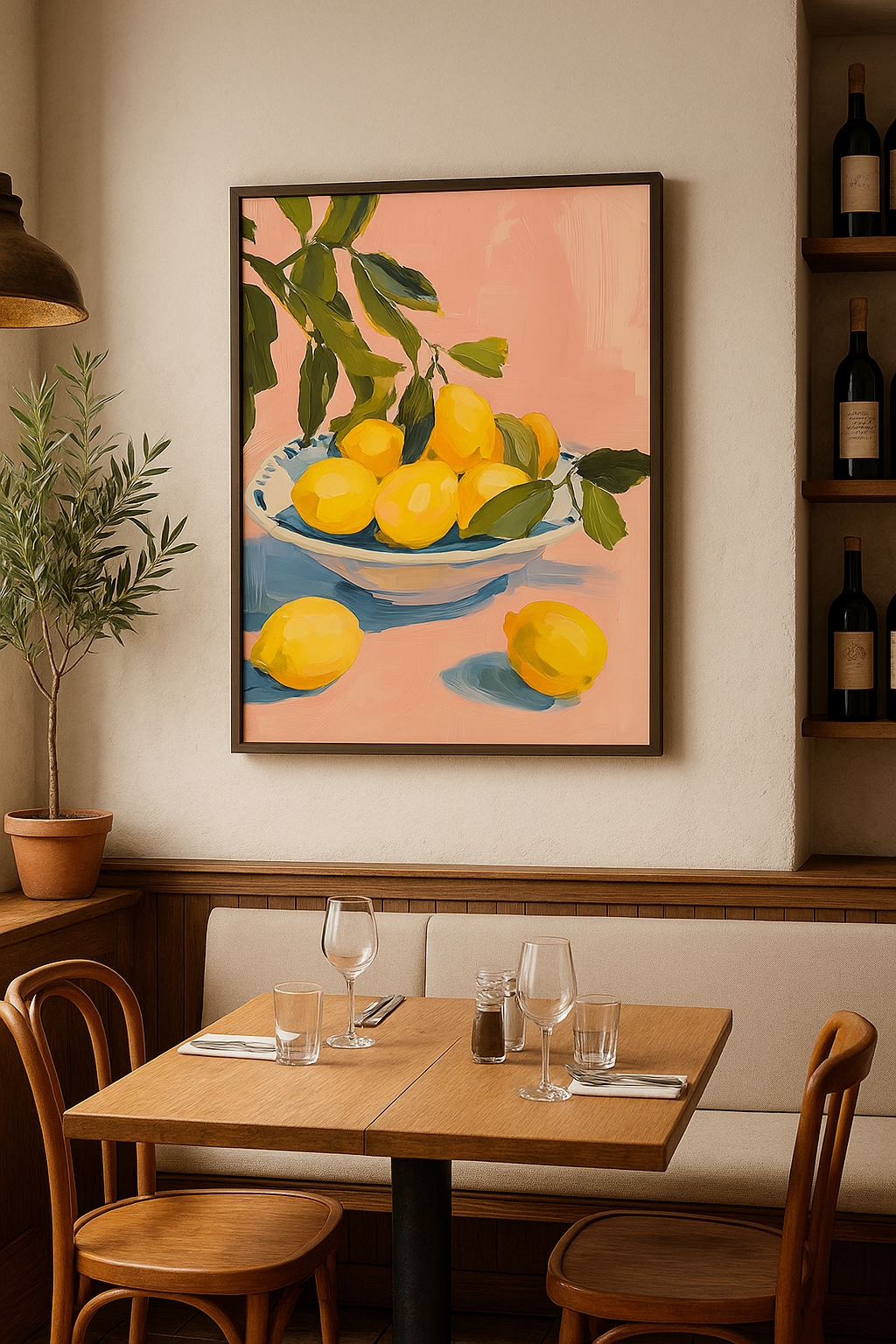 Citroenen in Kom – Kunstzinnige Olieverfprint op Roze