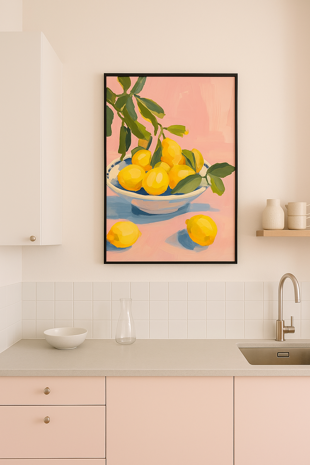 Citroenen in Kom – Kunstzinnige Olieverfprint op Roze