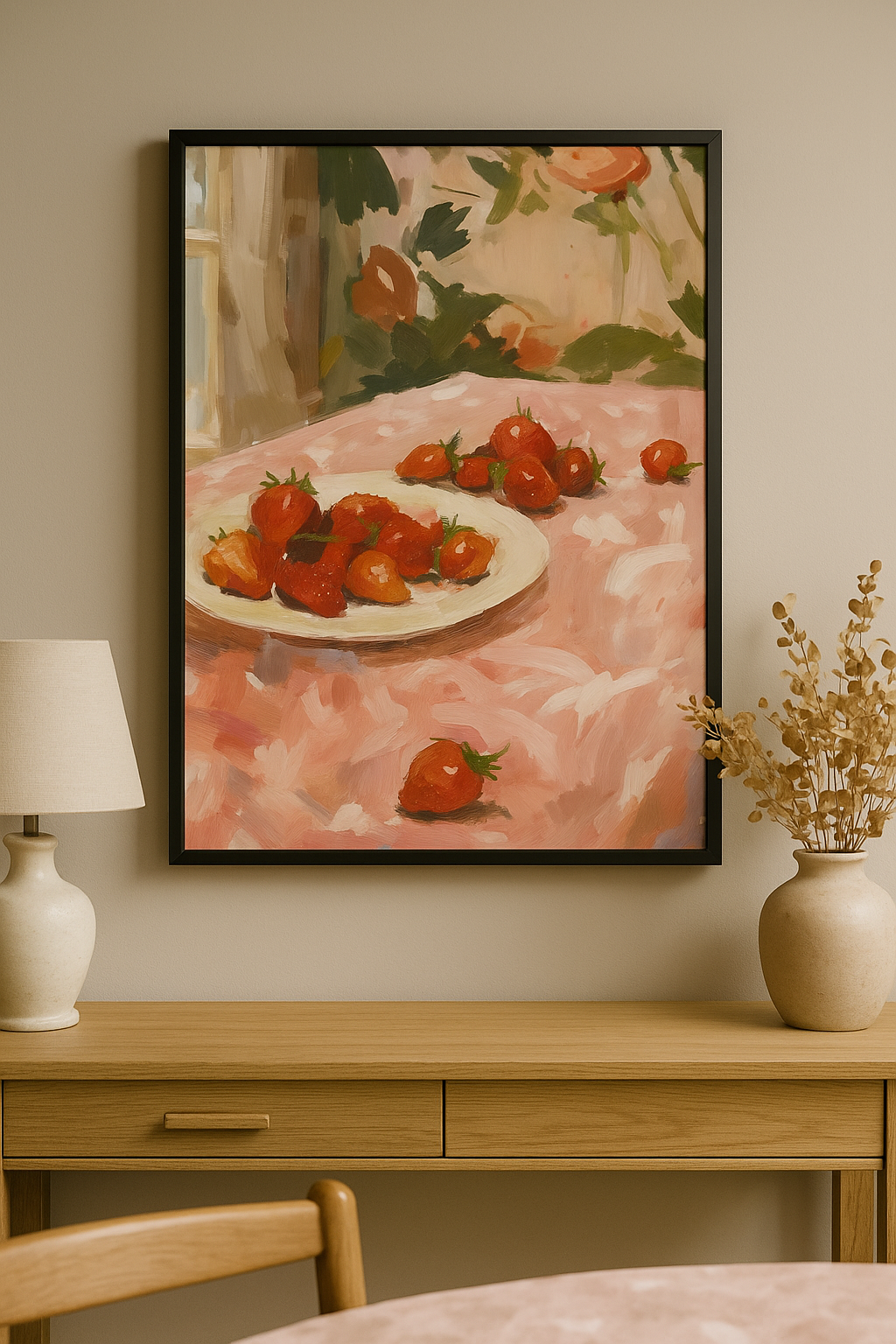 Aardbeien op Tafel – Romantisch Stilleven met Roze Tinten