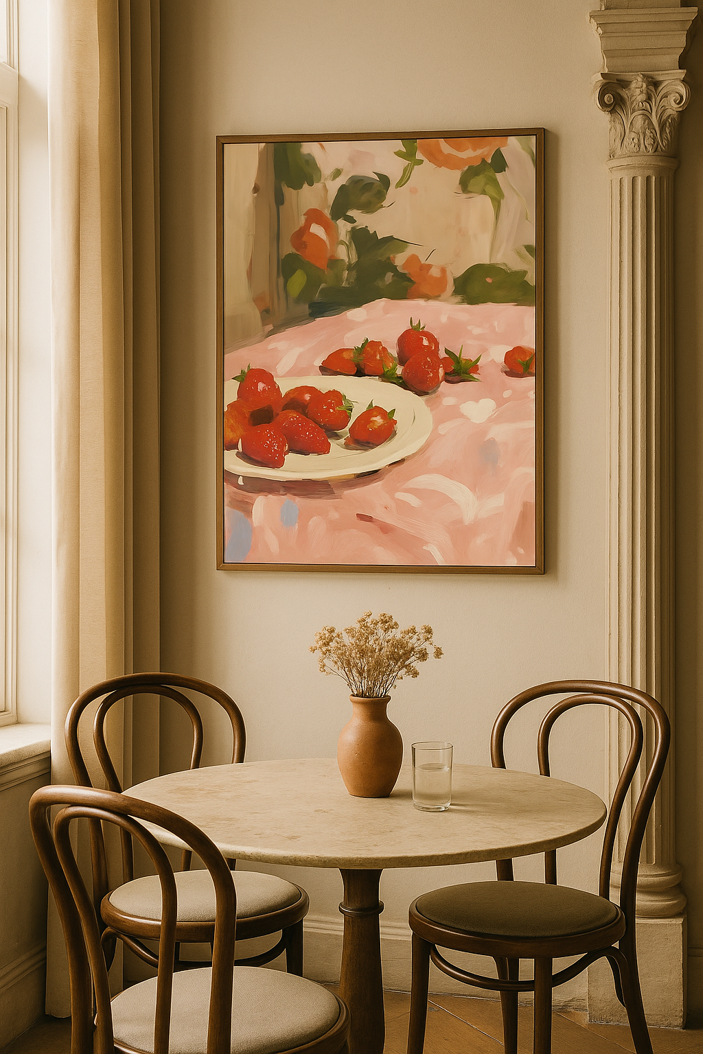 Aardbeien op Tafel – Romantisch Stilleven met Roze Tinten