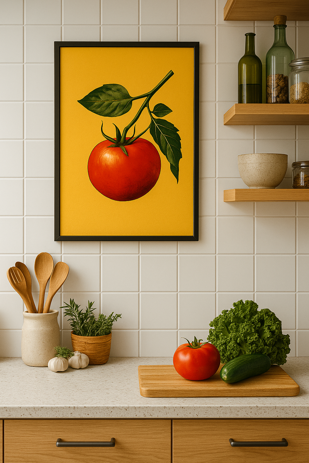 Tomaat op Geel – Minimalistische Botanische Print