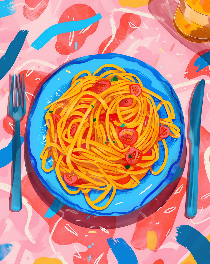 Kleurrijk Pastabord – Illustratief Eetmoment