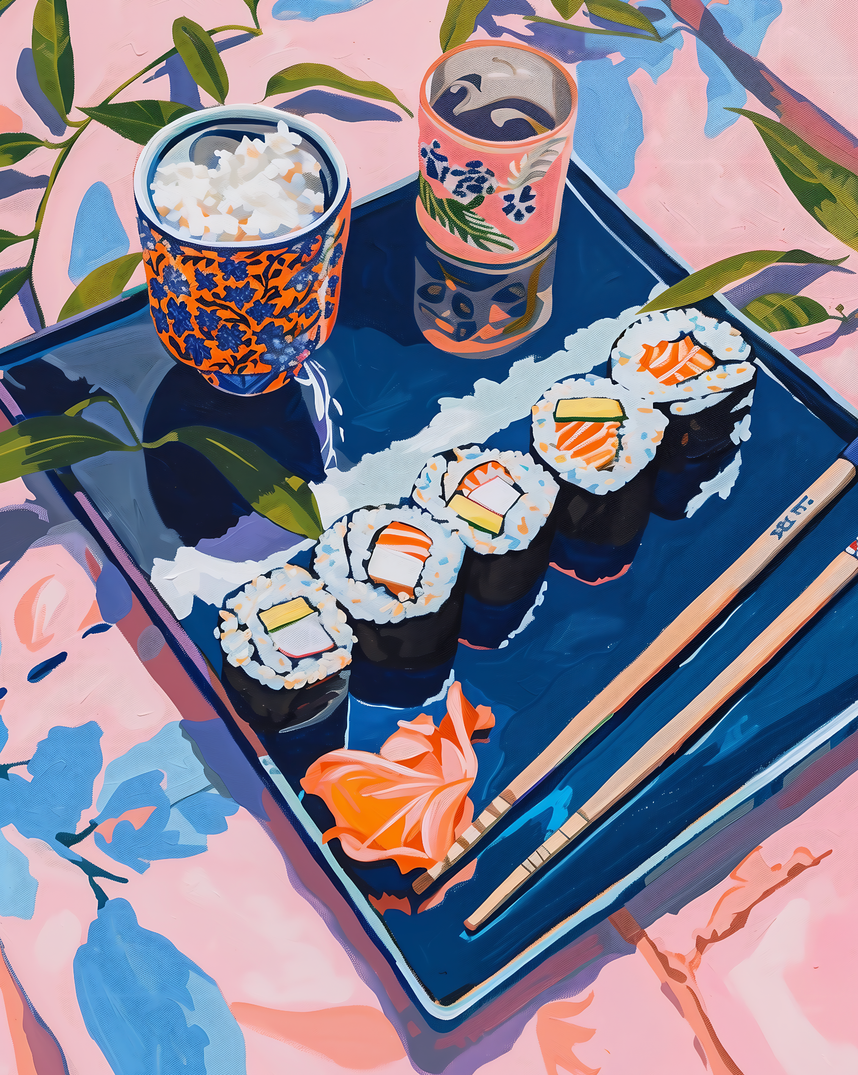 Sushi op Blauw – Japanse Eetscène in Kunststijl