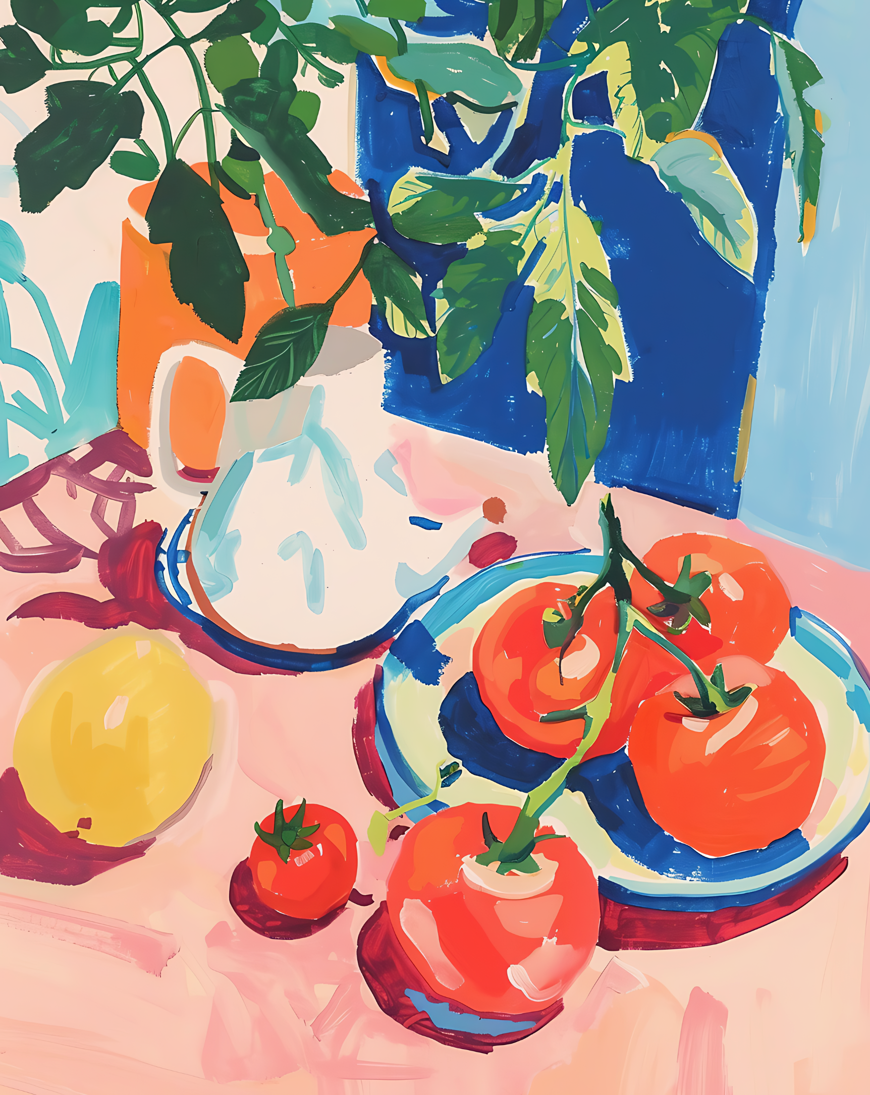 Tomatenstilleven – Zomerse Illustratie met Citroen en Kruik