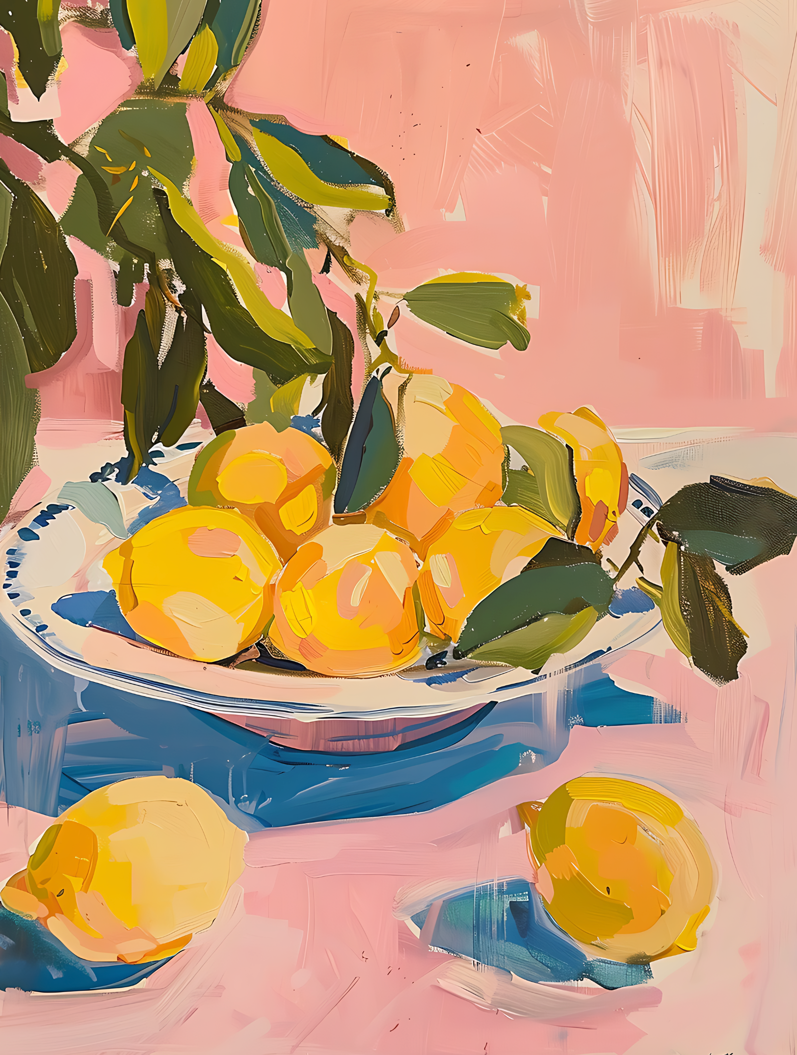 Citroenen in Kom – Kunstzinnige Olieverfprint op Roze