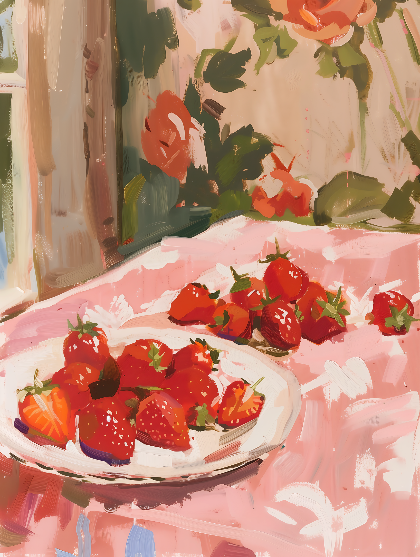 Aardbeien op Tafel – Romantisch Stilleven met Roze Tinten