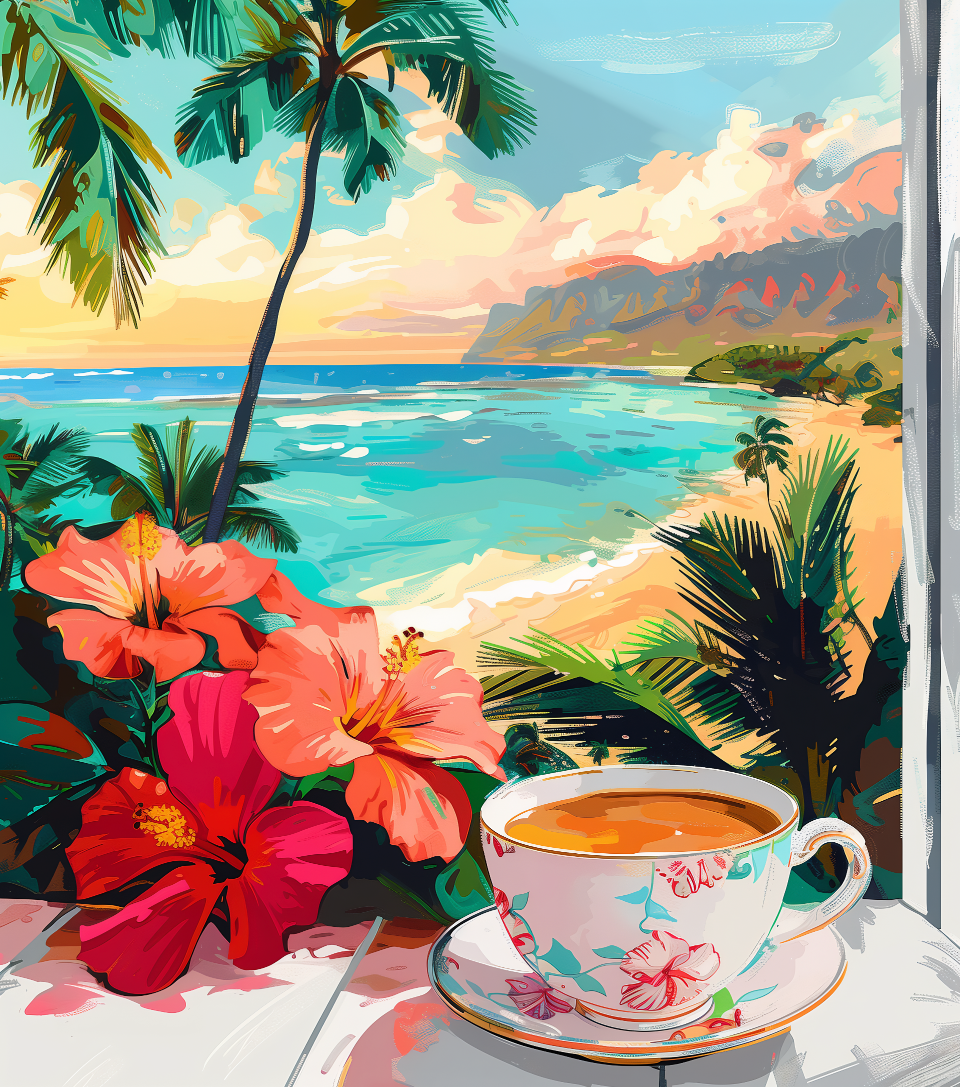 Tropische Theepauze – Uitzicht op Zee met Hibiscusbloemen