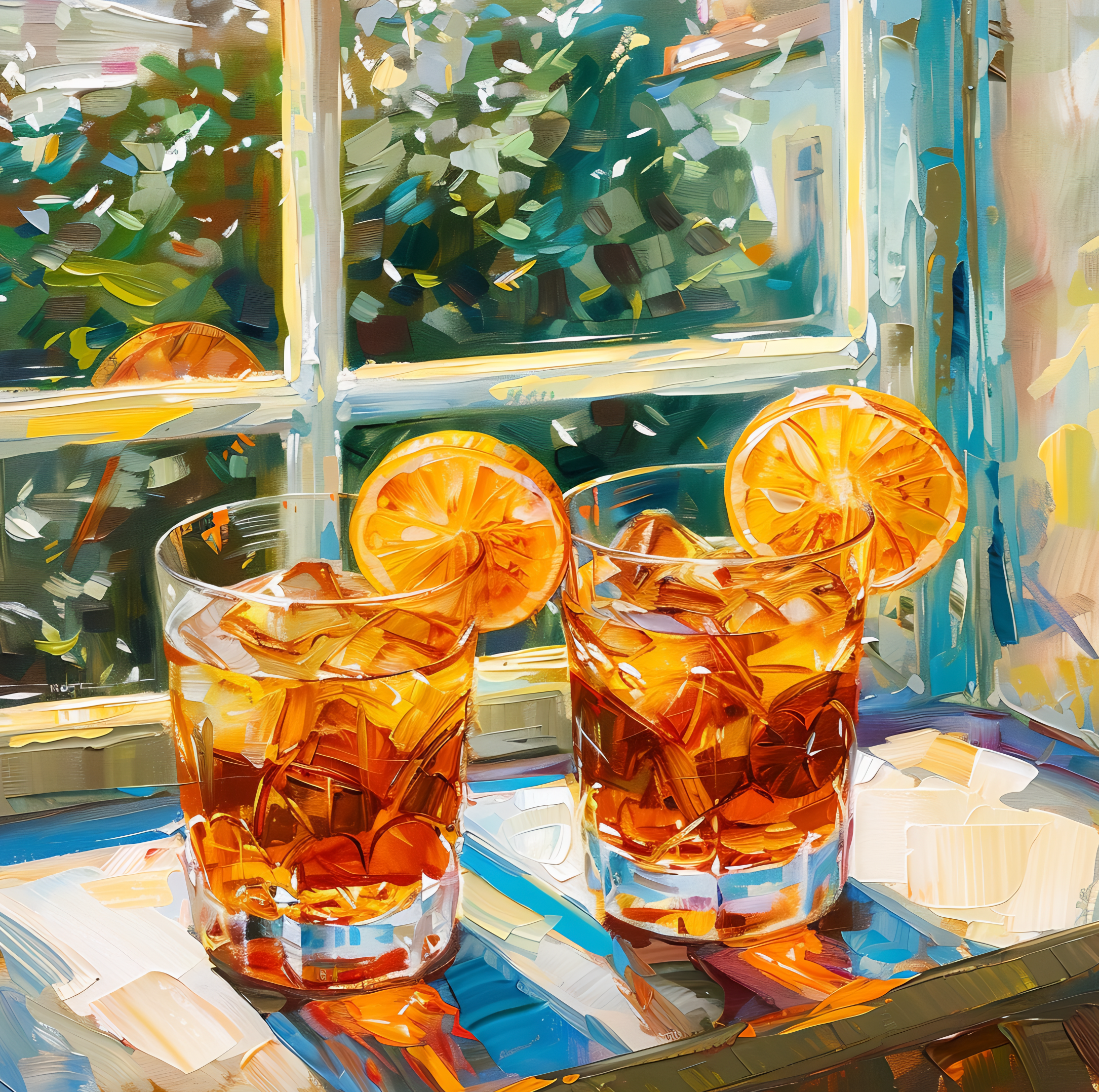 Zomerdrankjes bij het Raam – Warme Olieverfstijl