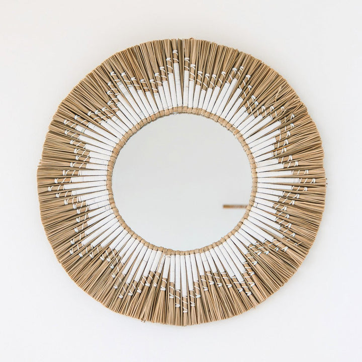 Ronde wandspiegel van zeegras – Boho hangspiegel – wandspiegel met franjes en patroon van wit katoen (Ø 60 cm) RANDU