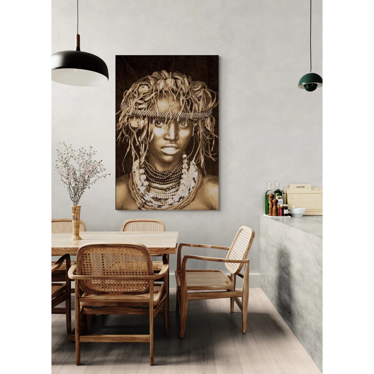 Gobelin geweven wandtapijt 120/180 Dassanech Girl Sepia WH 1975 uitgerekt op een draagbalk