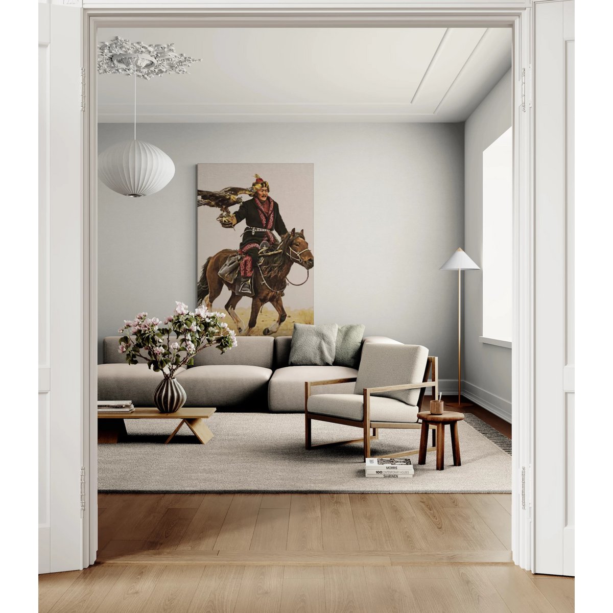 Gobelin geweven wandtapijt 120/180 Adelaarsjager op paard WH1887 gespannen op een draagbalk