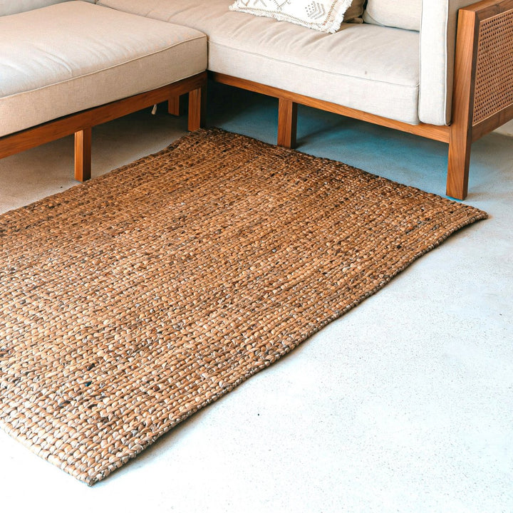 Vierkant Boho-vloerkleed gemaakt van natuurlijke vezels-handgeweven vloermat-rechthoekig bruin tapijt-groot water hyacint tapijt 180x115 cm sawah