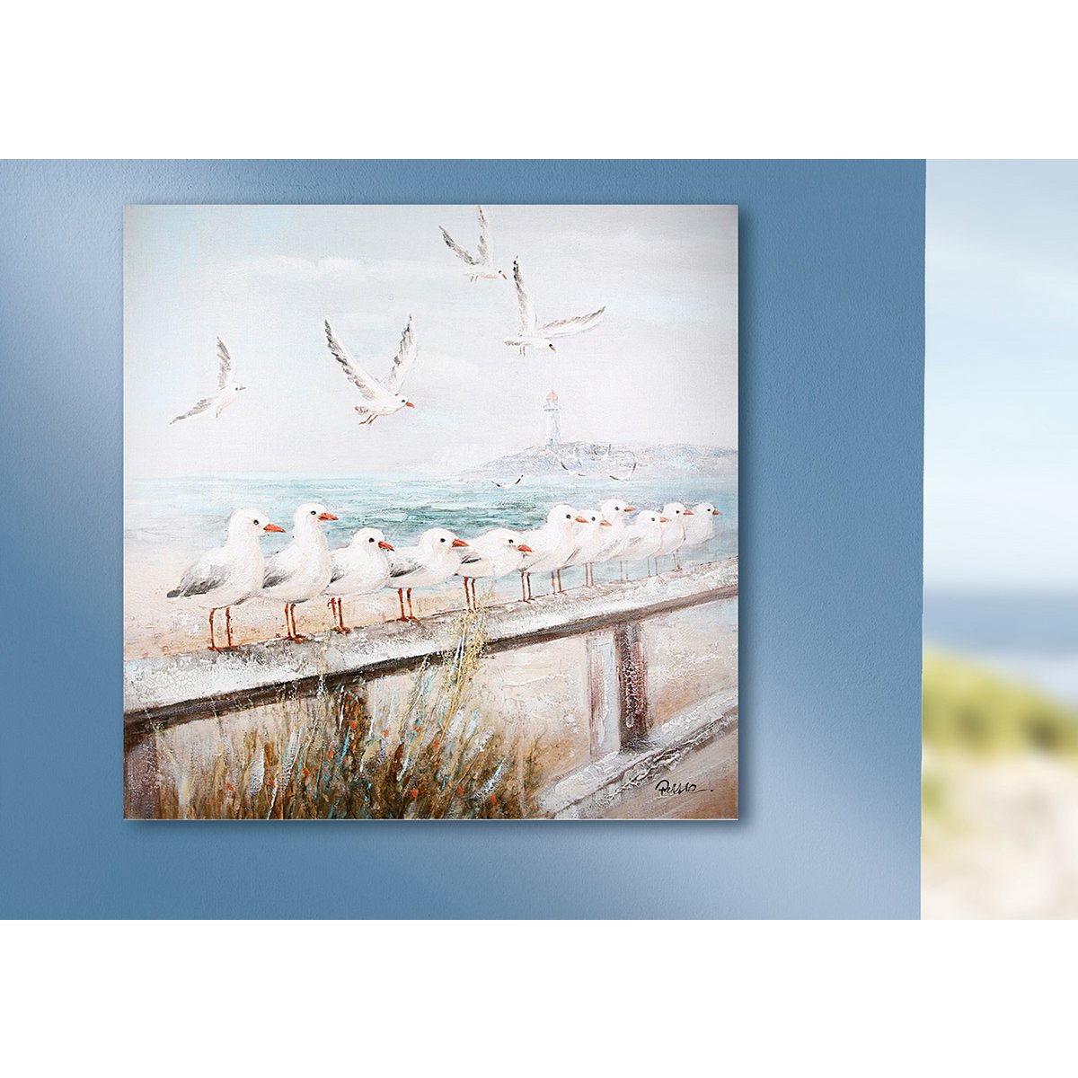 Hout/linnen schilderij "Seaside" blauw/wit/grijs, meeuwen 60x60cm