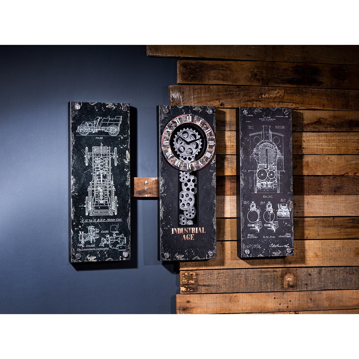 Metaal/glas wandklok "Steampunk" 3 st. set