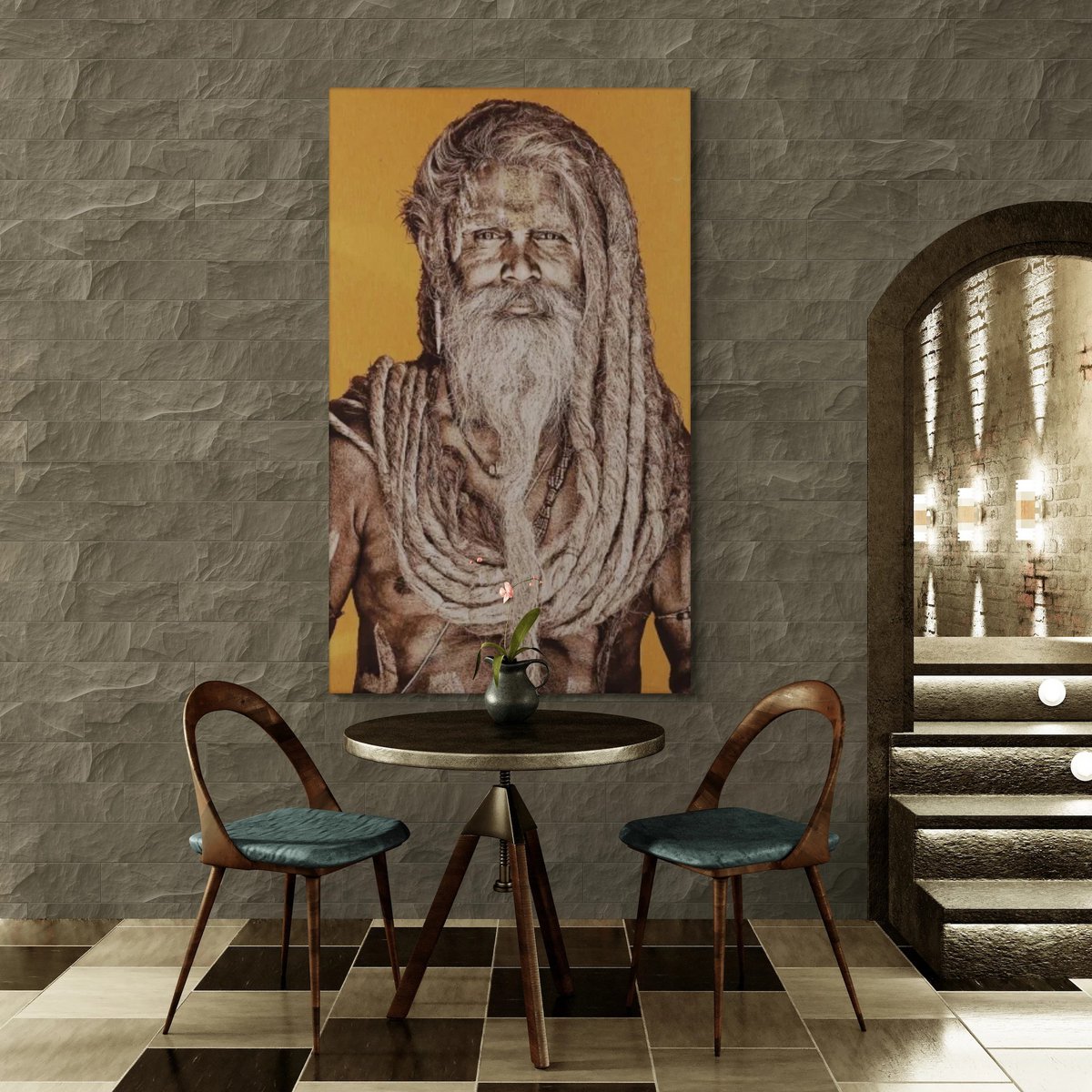 Gobelin geweven wandtapijt 120/180 Gangadas Baba Ochre WH1824 uitgerekt op een spieraam