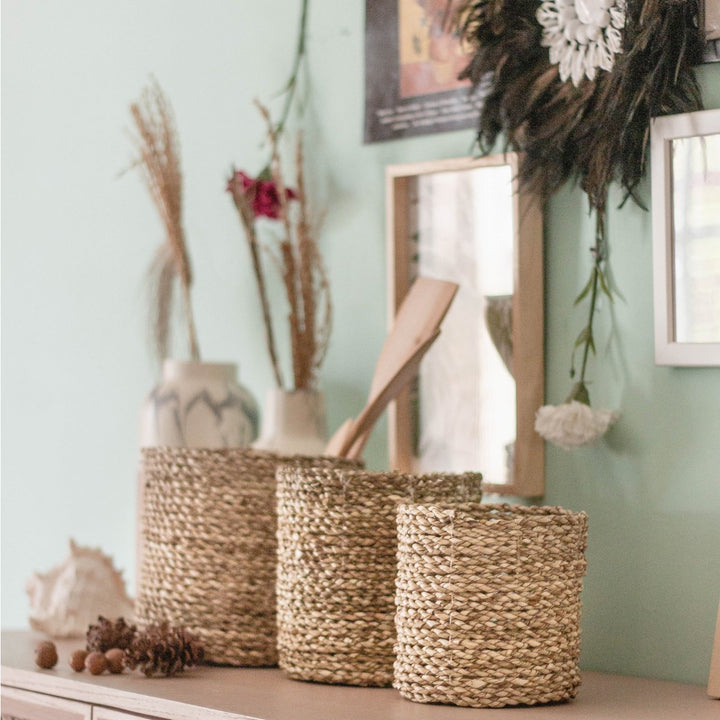 Kleine Zeegras Mand BHINNEKA | Plantenmand | Geweven Boho Mand | Plantenbak | Decoratieve mand | Kleine Opbergmand | Ronde bloemenmand