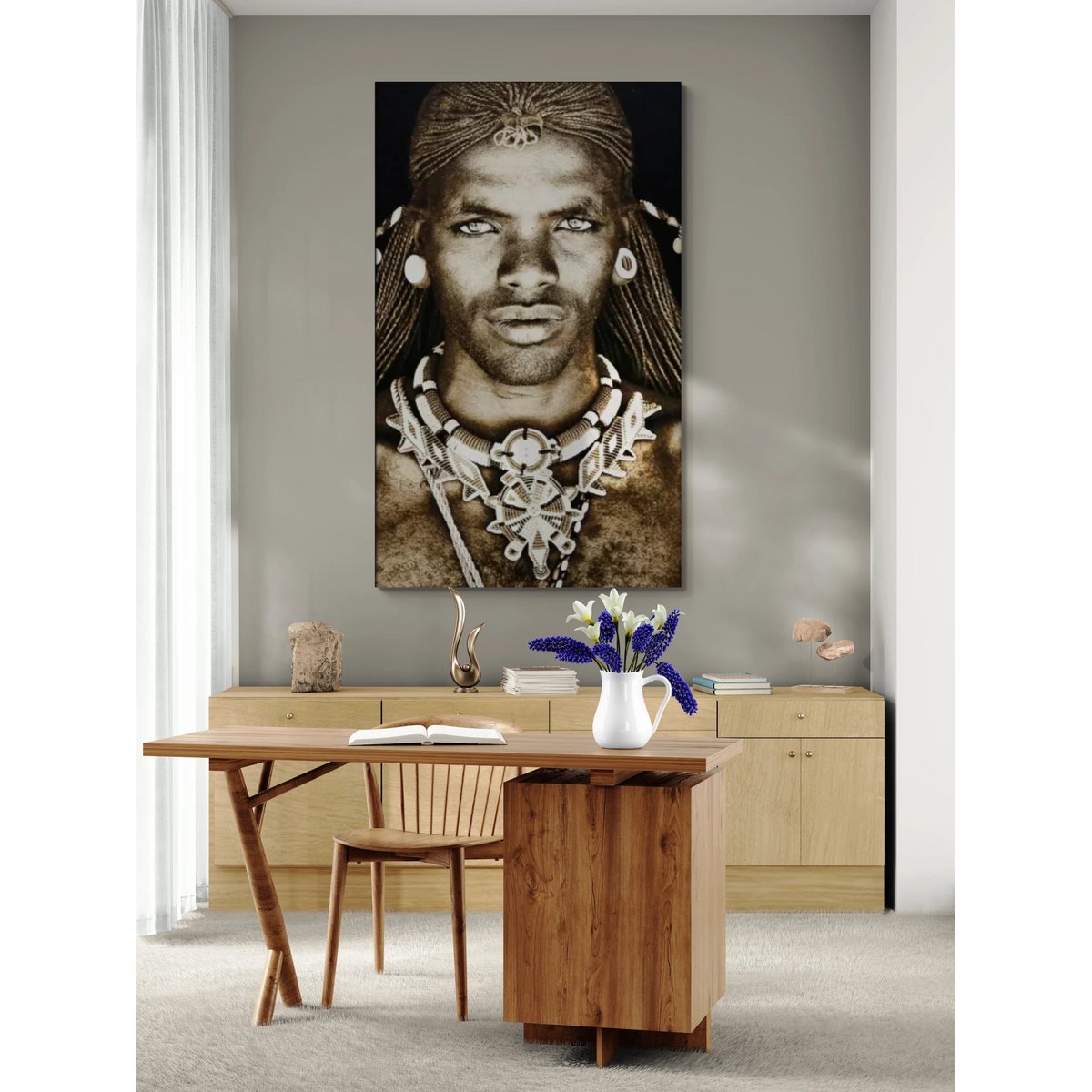 Gobelin geweven wandtapijt 120/180 Samburu Warrior Kenya WH1615 uitgerekt op een draagbalk